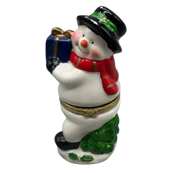 Vintage Christmas Snowman Trinket Box With Gift & Gold Accents Ceramic  READ - Picture 1 of 7